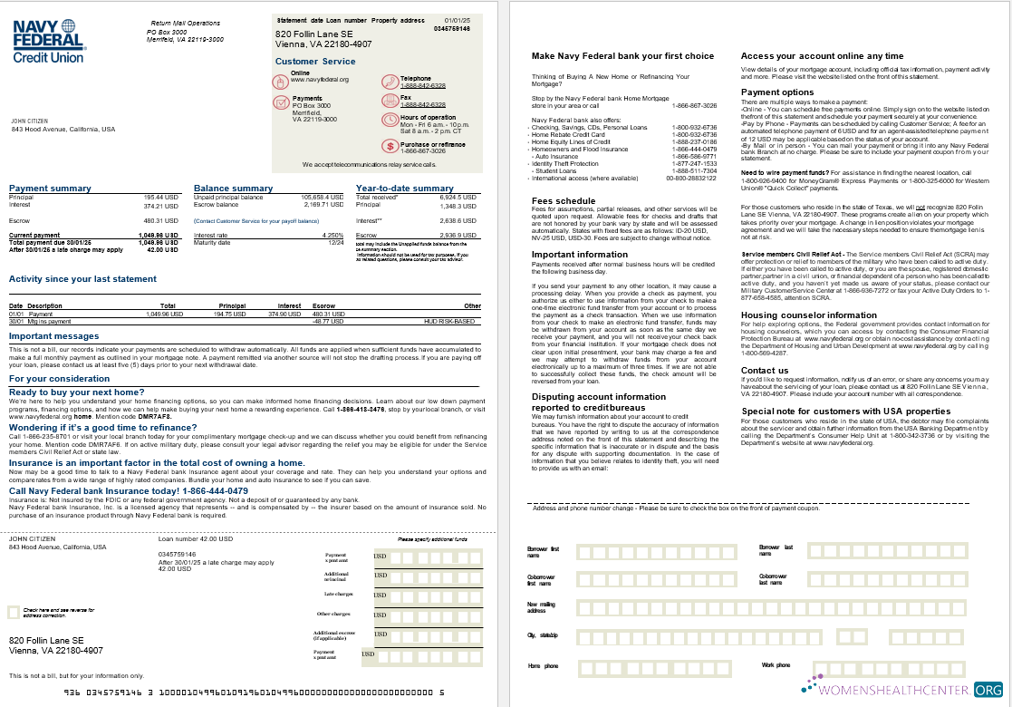 Download USA Navy Federal bank mortgage statement in Word and PDF formats, 2 pages Photoshop template